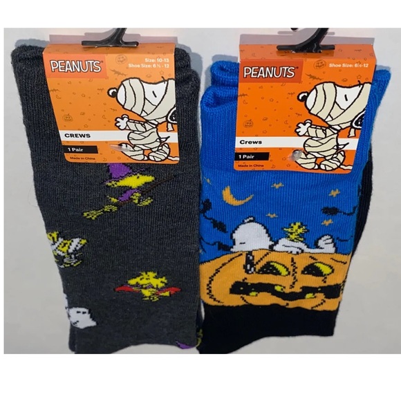 Peanuts Snoopy & Woodstock Crew Socks 2 Pair Men 6.5-12 Black Gray w Pumpkin NEW - Picture 11 of 11